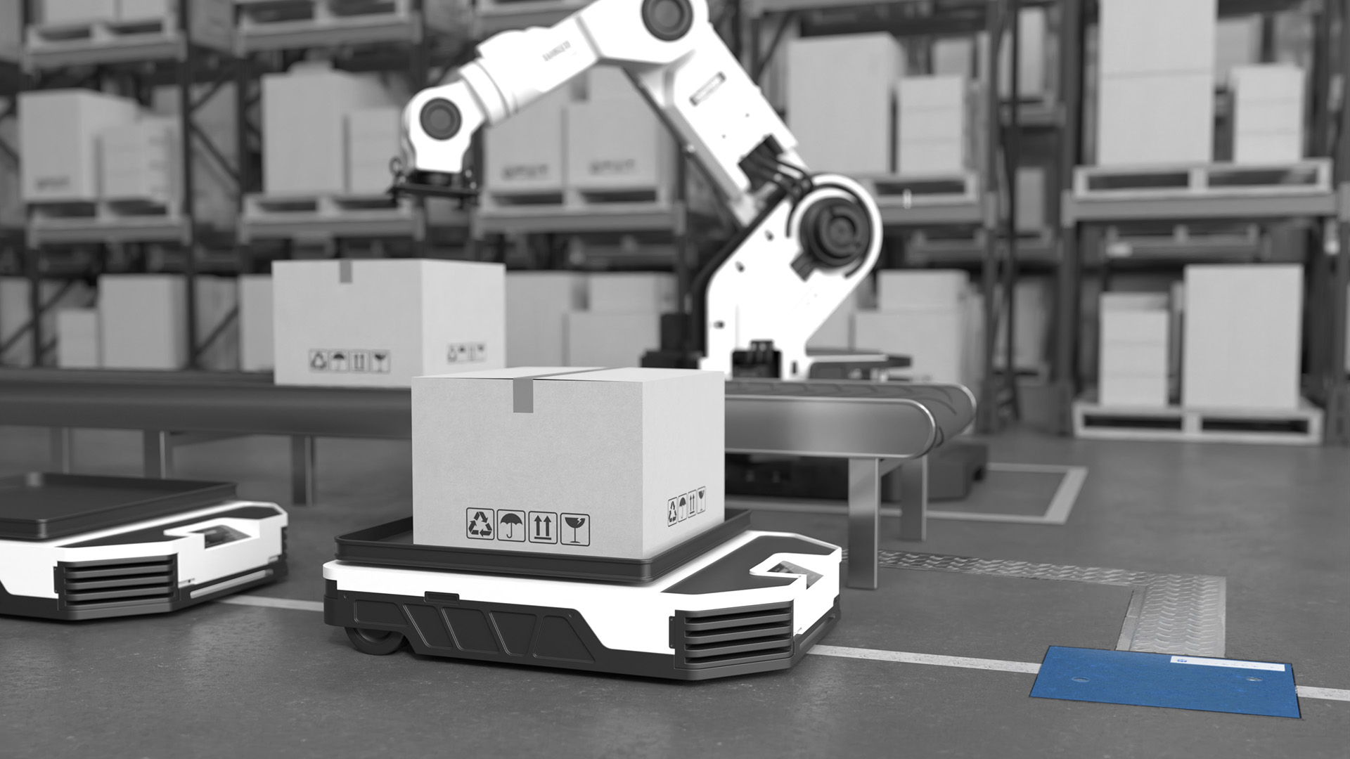 The Robot arm picks up the box to Autonomous Robot transportation in warehouses, Warehouse automation concept WCPS - PUK - wireless charging in ground application - installation induktives laden